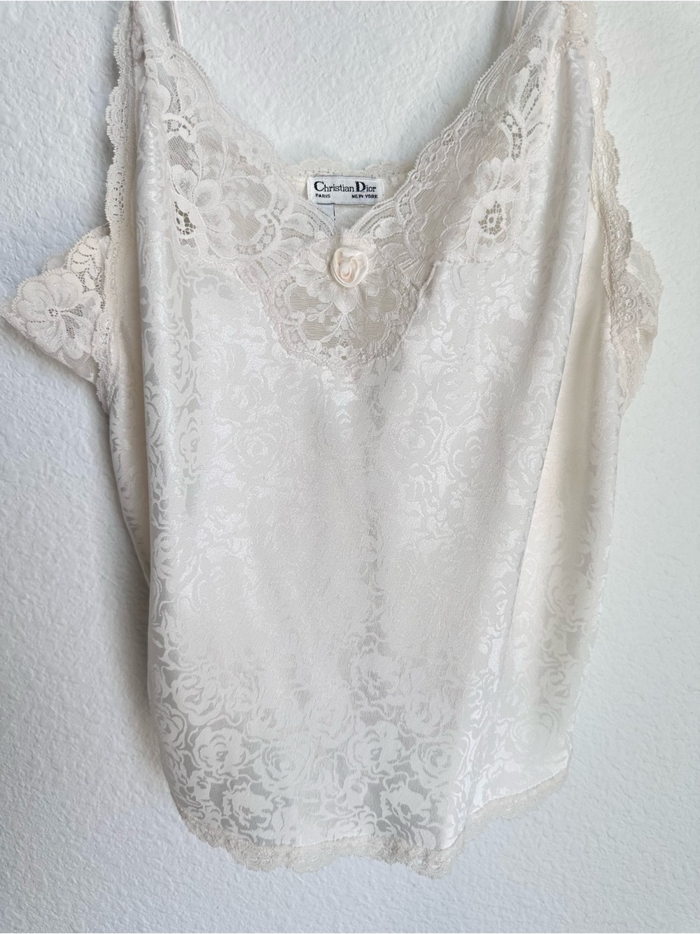 Vintage Christian Dior White Floral Lace Trim Camisole‎ Slip Top Lingerie Small